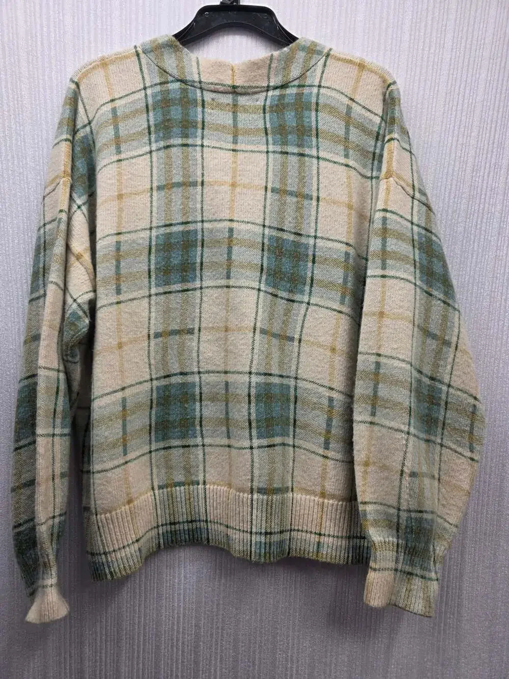 LOFT Plaid Cardigan Size XLP Blue Green Cream V-Neck Button Front